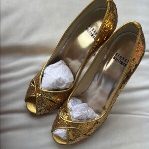 Stuart Weitzman Gold Sequin Peep-Toe Heels